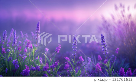 Lavender flowers blooming in a field at sunset creating a purple haze 121761612