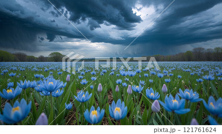 Storm clouds gathering over field of blue camassia flowers 121761624