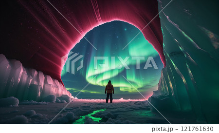 Explorer observing majestic aurora borealis from ice cave at night 121761630