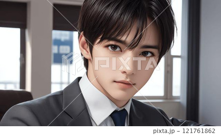 AI美男 実写風 窓辺で微笑みかけてくるスーツを着た若い日本人男性 121761862