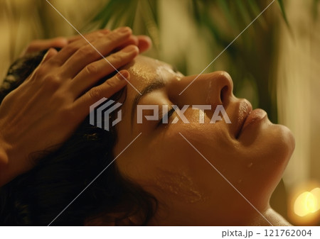A woman relaxes as she receives a facial massage, surrounded by soothing plants and soft light in a calming spa atmosphere 121762004