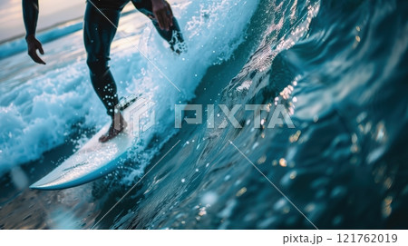 A surfer skillfully rides a wave as the sun sets, creating a picturesque moment of adrenaline and beauty along the shoreline A surfer skillfully rides a wave as the sun sets, creating a picturesque moment of adrenaline and beauty along the shoreline 121762019