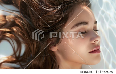 A young woman enjoys tranquility while lying back in shallow water, with sunlight highlighting her flowing hair and peaceful demeanor A young woman enjoys tranquility while lying back in shallow water, with sunlight highlighting her flowing hair and peaceful demeanor 121762020