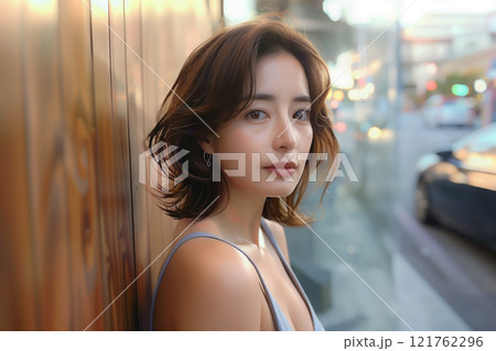 街の夕暮れと美しい横顔が調和する大人女性 121762296