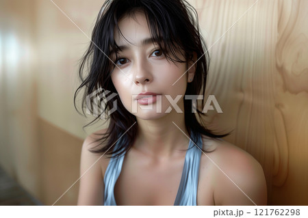 柔らかな光と濡れた髪が印象的なセクシーな女性 121762298
