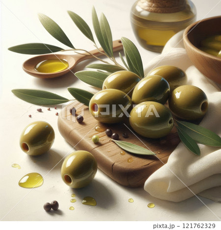 Delicious green olives with leaves, isolated on white background 121762329