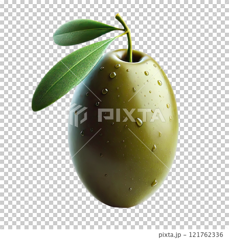 Delicious green olives with leaves, isolated on white background 121762336