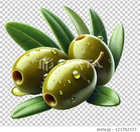 Delicious green olives with leaves, isolated on white background 121762337