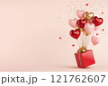 Valentine's day red gift box with golden ribbon and pink, red and golden heart shaped balloons surrounded by confetti on soft pink background with copy space. Festive Valentine's day background. 121762607