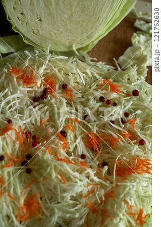 Process of harvesting sauerkraut. Autumn pickling of cabbage. ,cutting cabbage preparation Process of harvesting sauerkraut. Autumn pickling of cabbage. ,cutting cabbage preparation 121762630
