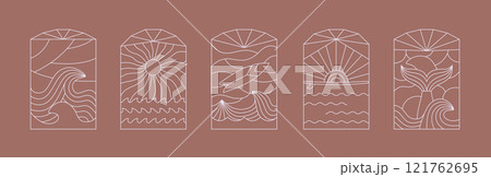 Retro style, bohemian simple linear surfing, ocean, sea badge, icon, design. Simple geometric surf camp, resort template, design frame set. Retro style, bohemian simple linear surfing, ocean, sea badge, icon, design. Simple geometric surf camp, resort template, design frame set. 121762695