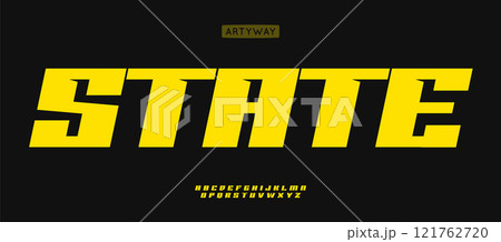 Powerful geometric typography, bold angular letters, modern futuristic sporty font style, thick graphic letters, strong square design, edgy headline for sportswear branding. Vector alphabet. Powerful geometric typography, bold angular letters, modern futuristic sporty font style, thick graphic letters, strong square design, edgy headline for sportswear branding. Vector alphabet. 121762720