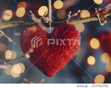 A beautiful and sparkling red heart ornament hanging gracefully on a tree branch as decoration 121762792