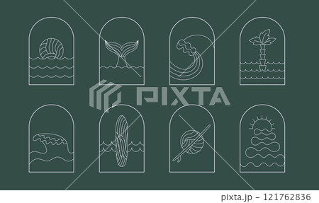 Modern bohemian linear surfing, ocean, sea badge, icon, design. Simple geometric surf camp, resort, stickers, textile template, design frame. 121762836