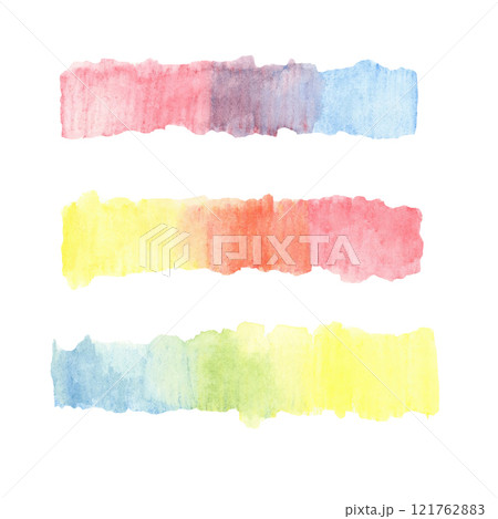 Multicolored gradient strokes of blue, yellow, and red colors. Hand painted watercolor crayons mixing clipart. Great for artistic posters, craft materials, or enhancing educational design templates 121762883