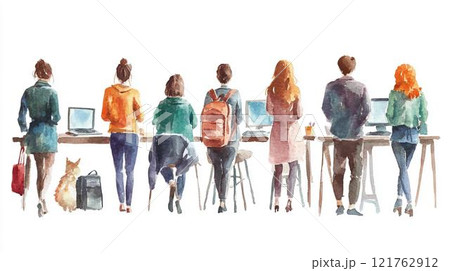 スタンディングデスクで作業する男女の後ろ姿イラスト 121762912