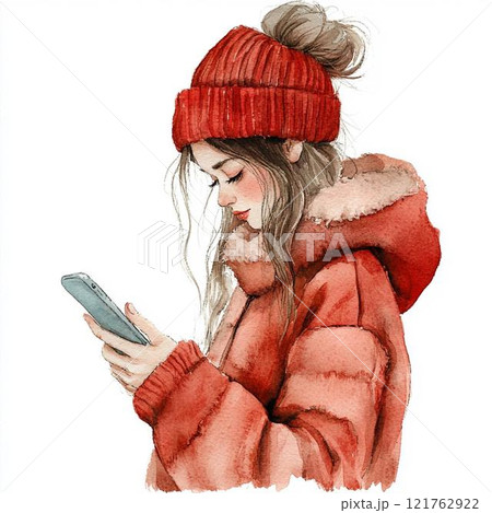 スマホを持つ女性の水彩イラスト 121762922