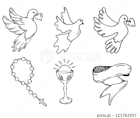 First communion symbols set with doves, rosary, chalice, and banner for religious design. Christian elements, catholic religion icons dove of peace, chalice, cross, rosary, olive branch. Hand drawn 121762937