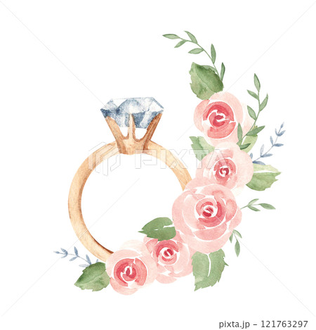 Valentine's day or Wedding, Engagement Composition. Golden ring with Diamond in pink Roses garland. Hand drawn Watercolor illustration isolated on a white background. For cards, invitations and prints 121763297