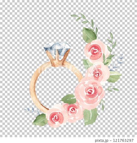 Valentine's day or Wedding, Engagement Composition. Golden ring with Diamond in pink Roses garland. Hand drawn Watercolor illustration isolated on a white background. For cards, invitations and prints 121763297