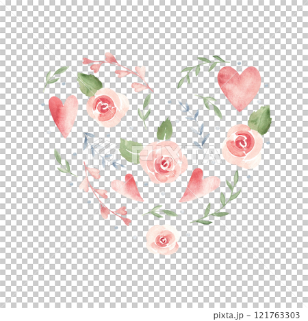 Floral Heart shaped composition for Valentine's day or Wedding. Pink roses and hearts. Simple minimalistic Watercolor painting. Hand drawn romantic illustration isolated on a white background. For Floral Heart shaped composition for Valentine's day or Wedding. Pink roses and hearts. Simple minimalistic Watercolor painting. Hand drawn romantic illustration isolated on a white background. For 121763303