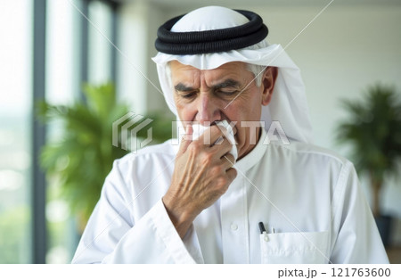 Sick elderly arab man sneezing in tissue near window in office. Health care and medicine concept. Sick elderly arab man sneezing in tissue near window in office. Health care and medicine concept. 121763600