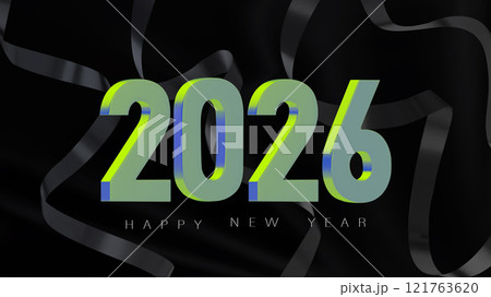 Happy New Year 2026 banner with the green and blue metallic numbers and a dark serpentine on a background of black fabric. Modern design for New Year and Christmas banners, invitations. 3D vector 121763620