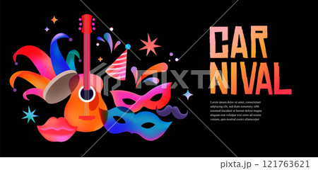 Carnival banner with guitar, masks and jester hat. Colorful vector background 121763621