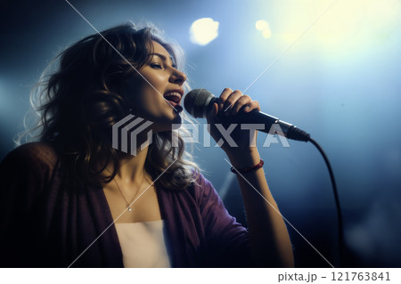 Young female singer performing on stage with a microphone under dramatic lights Young female singer performing on stage with a microphone under dramatic lights 121763841