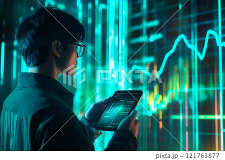 A man holds a smartphone against the background of a hologram with graphs 121763877