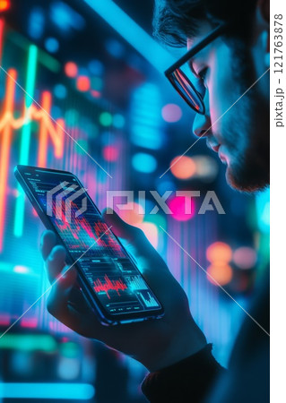 A man holds a smartphone against the background of a hologram with graphs 121763878