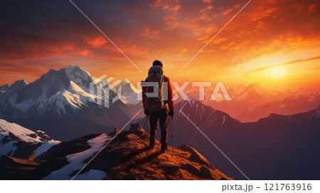 a tourist with a backpack stands on the top of a mountain and looks at the sunset 121763916
