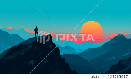 a tourist with a backpack stands on the top of a mountain and looks at the sunset 121763917