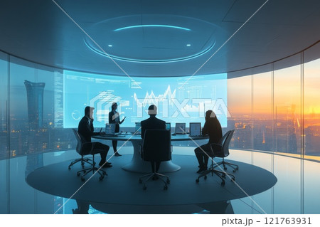 people at a round table in the office with holographic screens with graphs and data 121763931