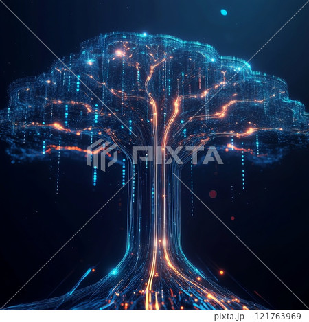 Digital tree whose branches consist of glowing lines and data holograms, Abstract AI concept 121763969