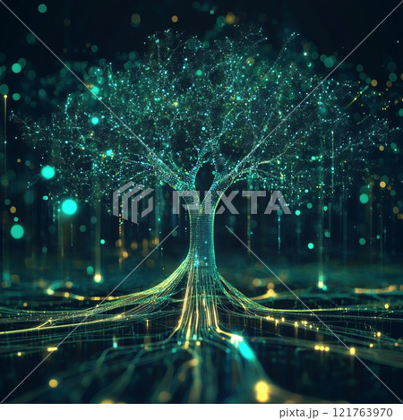 Digital tree whose branches consist of glowing lines and data holograms, Abstract AI concept 121763970