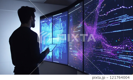 Man working with touch screen of innovative artificial intelligence interface 121764004