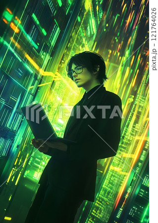 futuristic data center engineer with laptop futuristic data center engineer with laptop 121764026