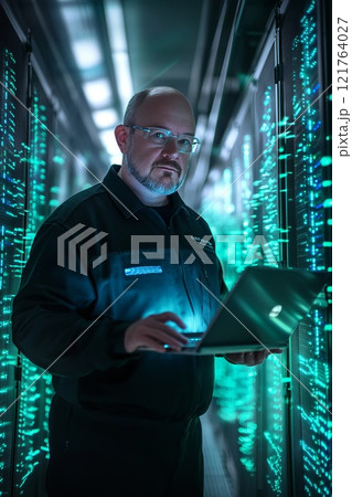 futuristic data center engineer with laptop futuristic data center engineer with laptop 121764027