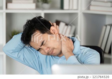 Office syndrome awareness employee struggles with neck pain in office environment ergonomics and health insights Office syndrome awareness employee struggles with neck pain in office environment ergonomics and health insights 121764320