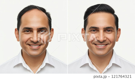 Transformation of hispanic male adult with hair restoration treatment for confidence boost and personal development Transformation of hispanic male adult with hair restoration treatment for confidence boost and personal development 121764321
