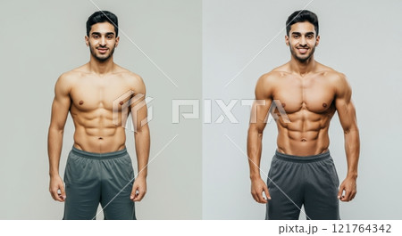 Fitness transformation of young south asian males in athletic attire highlighting muscle development 121764342