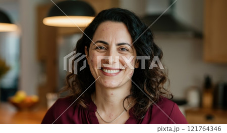 Smiling adult middle eastern woman in modern kitchen environment 121764346