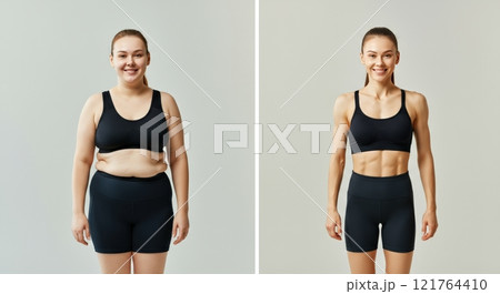 Transformation fitness journey of young caucasian woman - before and after weight loss 121764410