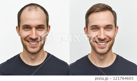 Hair restoration transformation featuring caucasian male before and after comparative analysis 121764603