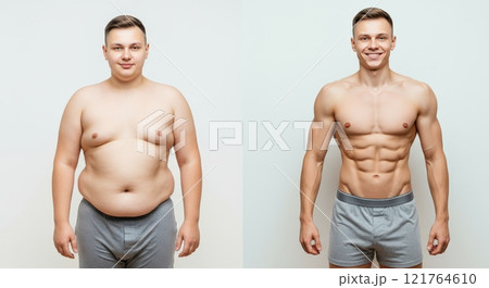 Male transformation journey before and after weight loss with diverse fitness perspectives Male transformation journey before and after weight loss with diverse fitness perspectives 121764610