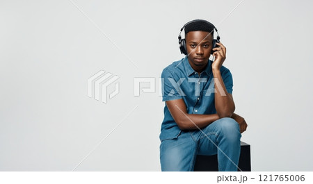 Young african male in denim listening to music with headphones 121765006