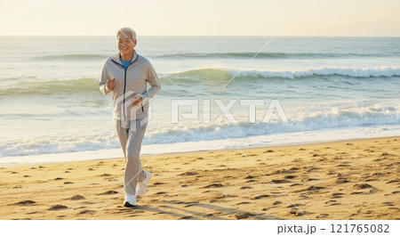 Elderly asian man enjoying morning beach jog for healthy lifestyle Elderly asian man enjoying morning beach jog for healthy lifestyle 121765082