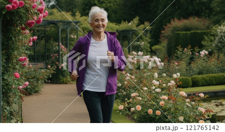 Elderly caucasian woman enjoying a jog in a rose garden outdoors for health and wellness 121765142