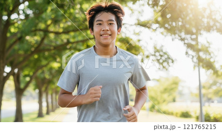 Energetic asian teen running outdoors in sunlit park for fitness and health 121765215